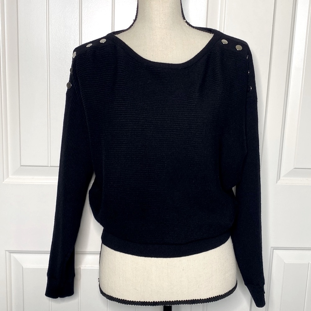 black ribbed sweater top with button detail